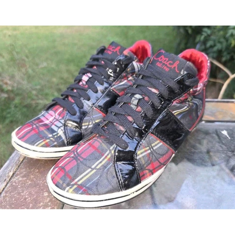 Coach Womens Plaid Signature C High Top Sneakers Red Black Patent Leather Trim